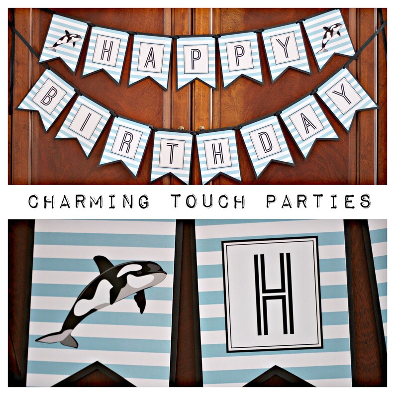 Blue and Black Orca Whale Banner Boy Birthday Swim Party Ocean Birthday ORCA WHALE DECORATIONS Orca Whale Sign Whale Birthday Party