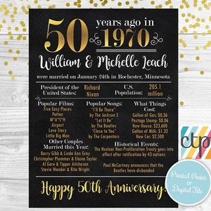 May include: A black and gold printable poster celebrating a 50th wedding anniversary. The poster features the year 1970, the names William and Michelle Leach, and details about the year 1970, including the president, popular films, songs, and events. The poster also includes the text "Happy 50th Anniversary."