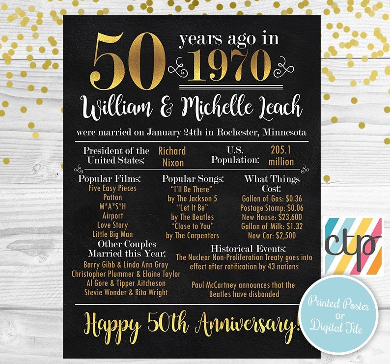 May include: A black and gold printable poster celebrating a 50th wedding anniversary. The poster features the year 1970, the names William and Michelle Leach, and details about the year 1970, including the president, popular films, songs, and events. The poster also includes the text "Happy 50th Anniversary."