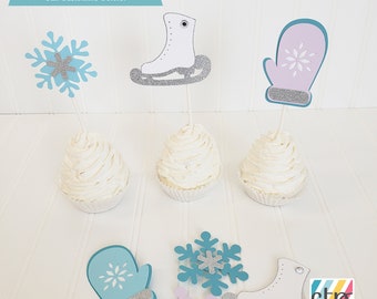 Custom Cupcake Toppers, Ice Skating Party, Ice Skates, Snowflake Cupcake Toppers, Girl,