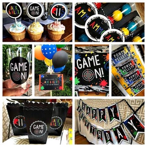 May include: A collage of images showing party decorations for a paintball themed birthday party. The decorations include black and white signs with the text "Game On!" and "Jack & Alex's 8th Birthday", black and white balloons, black and white cups, black and white cupcake toppers, black and white favor boxes, and a black and white banner that says "Happy Birthday".