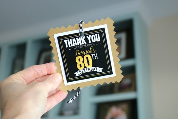 80th Birthday Party Favor Tags, Gift Tags, Thank You Tags, Adult Masculine Birthday Party Decorations, Black and Gold Il_570xn