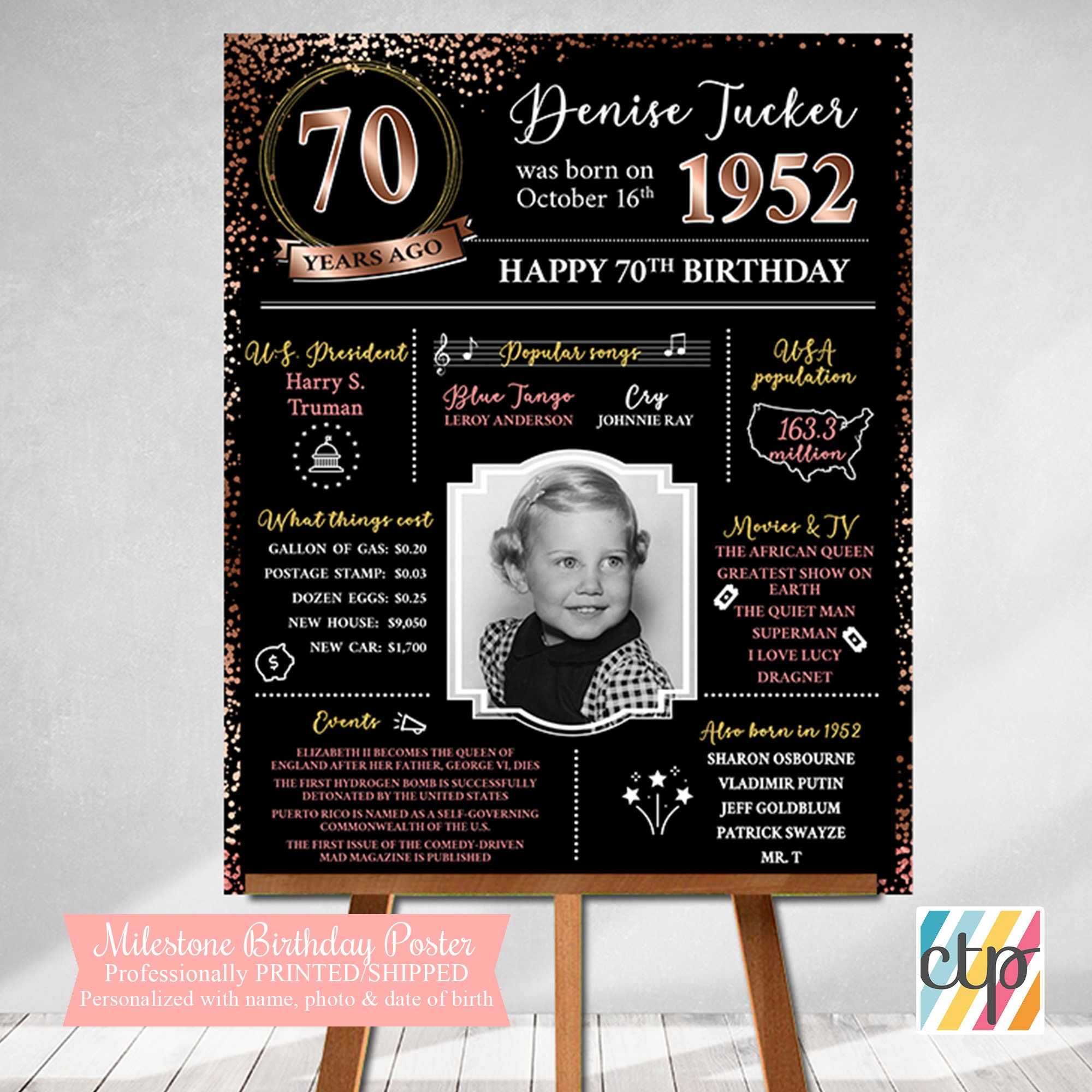 70th Birthday Poster 70th Birthday Decorations Born In 1952 Etsy Nederland