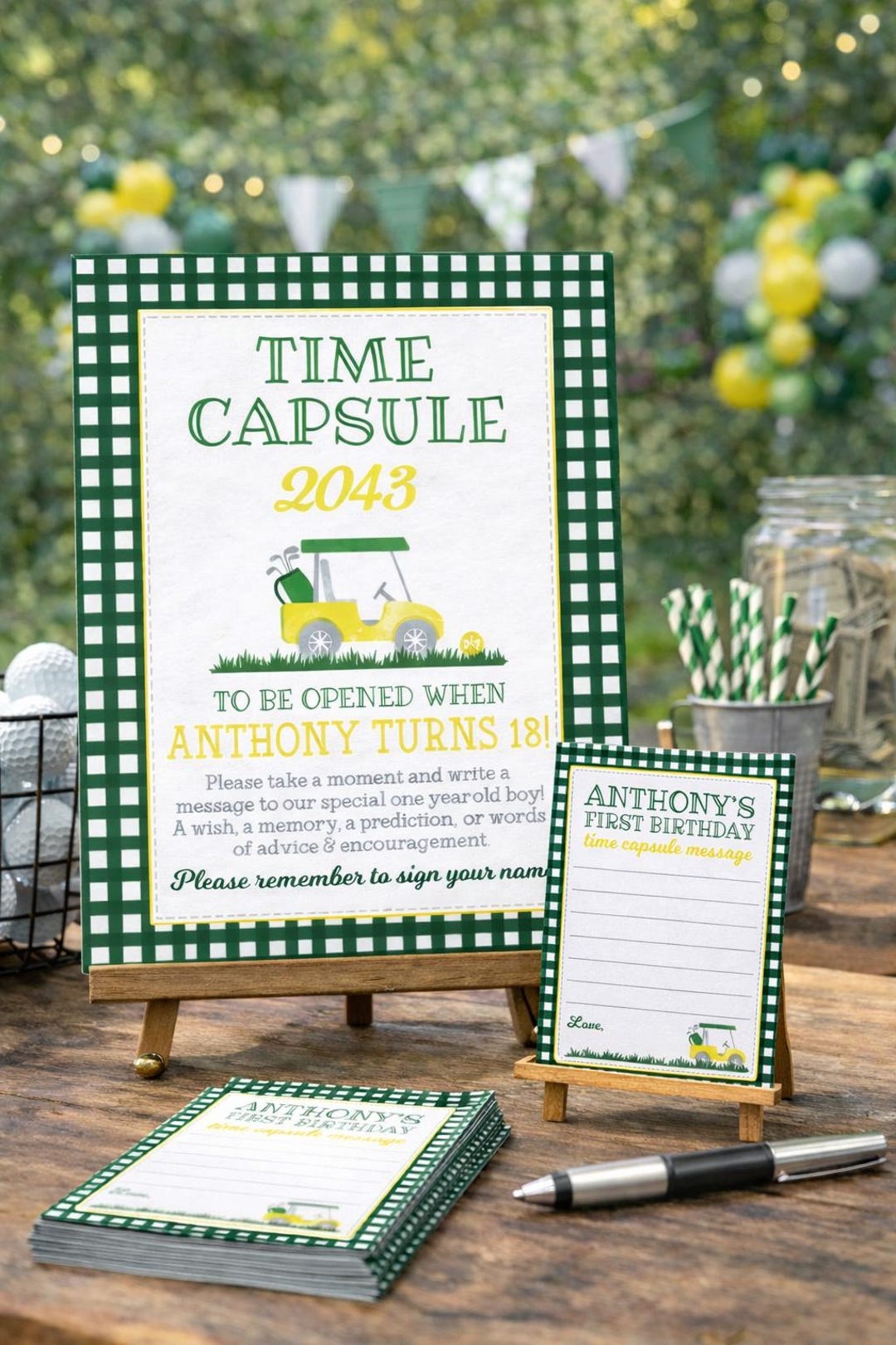 Time Capsule Sign and Message Cards in Light Blue Gingham ...
