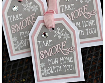 GIRL WINTER ONEDERLAND Winter Wonderland 1st Birthday Decorations S'More Favor Tags Winter Favor Tags Pink and Gray Snowflake Decor