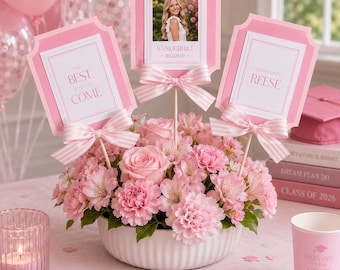 Custom Centerpiece Stick Set for Graduation Party, Pink and Preppy!