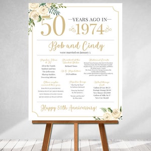 GOLDEN ANNIVERSARY Printed Poster "Were Married in Year" Marriage Board Back in 1974 What Happened in 1974 50th Anniversary