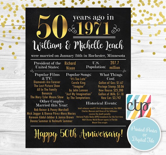GOLDEN ANNIVERSARY Printed Poster "Were Married in Year" Marriage Board Back in 1971 What Happened in 1971 50th Anniversary , Black and Gold Il_570xn