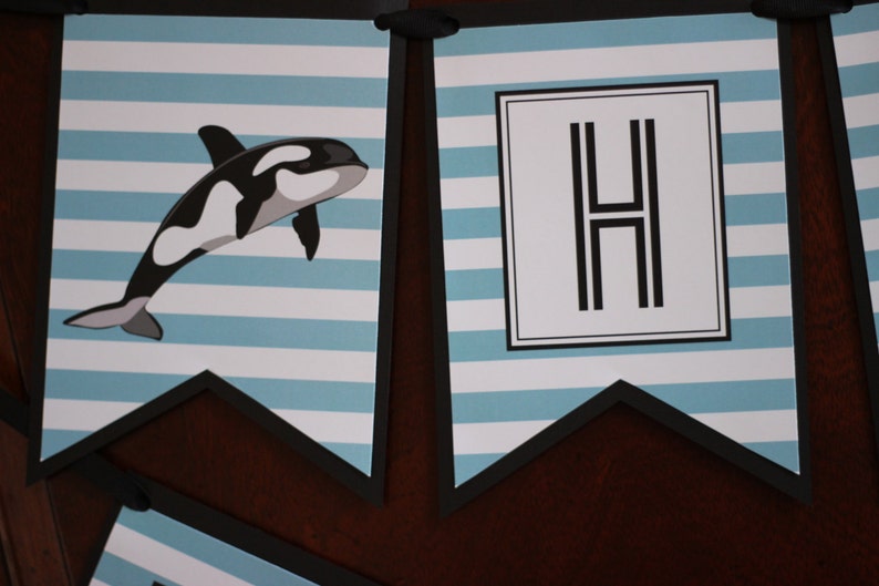 Blue and Black Orca Whale Banner Boy Birthday Swim Party Ocean Birthday ORCA WHALE DECORATIONS Orca Whale Sign Whale Birthday Party