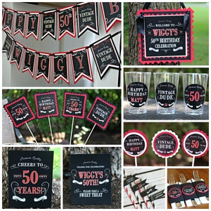 May include: A set of printable party decorations for a 50th birthday party. The decorations feature a black and white chalkboard style design with red accents. The text includes "Wiggy's 50th Birthday Celebration", "Cheers to 50 Years!" and "Vintage Dude".