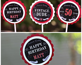 VINTAGE DUDE Adult Birthday Cupcake Toppers Cheers to 50 Years Aged To Perfection 50th Birthday Party Decorations Black and Red