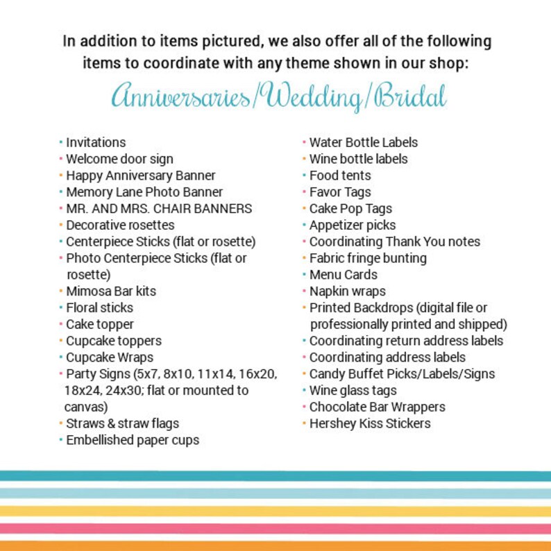 Puede incluir: Una lista de art&iacute;culos para fiestas de boda y aniversario, que incluyen invitaciones, decoraciones, favores y art&iacute;culos personalizados. La lista est&aacute; dividida en dos columnas, con el encabezado "Anniversaries/Wedding/Bridal" en la parte superior.