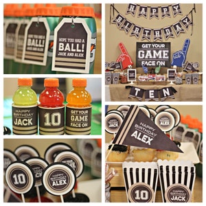 Puede incluir: Un conjunto de decoraci&oacute;n para fiesta de cumplea&ntilde;os con tem&aacute;tica deportiva. El conjunto incluye una pancarta que dice "Feliz cumplea&ntilde;os", un cartel que dice "Get Your Game Face On" y varias otras decoraciones con los n&uacute;meros 10 y los nombres Jack y Alex.