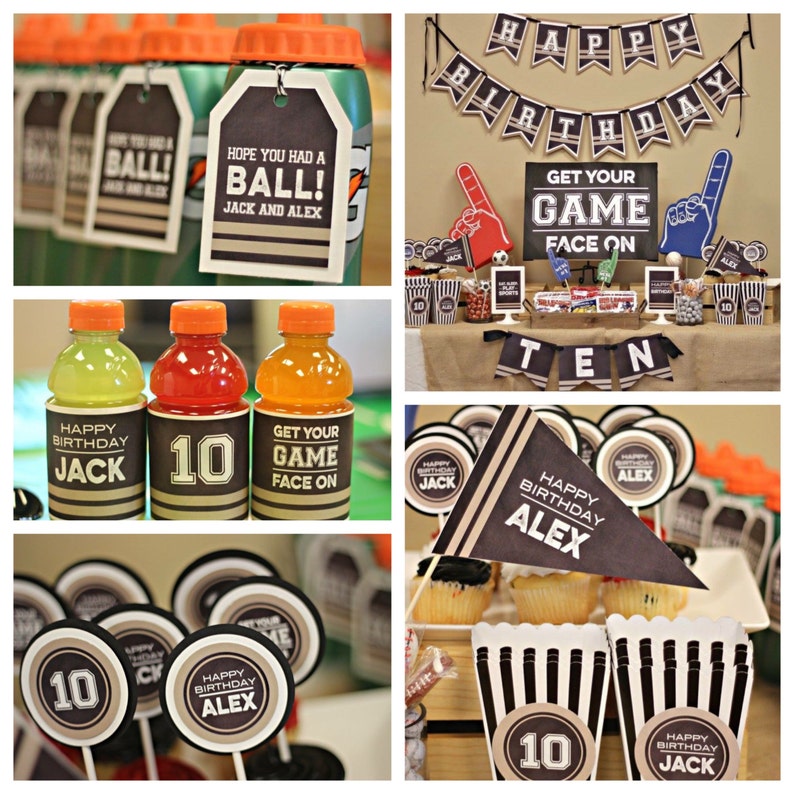 Puede incluir: Un conjunto de decoraci&oacute;n para fiesta de cumplea&ntilde;os con tem&aacute;tica deportiva. El conjunto incluye una pancarta que dice "Feliz cumplea&ntilde;os", un cartel que dice "Get Your Game Face On" y varias otras decoraciones con los n&uacute;meros 10 y los nombres Jack y Alex.