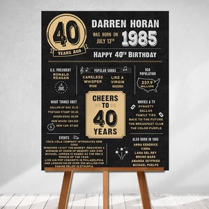 May include: A black and gold 40th birthday poster with a chalkboard design. The poster features the name Darren Horan, the year 1985, and the text "Happy 40th Birthday". The poster also includes a timeline of events, popular songs, and movies from the year 1985.