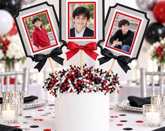 Personalized Bar Mitzvah Photo Centerpiece, Red Black Silver Table Decorations