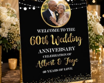 60th Anniversary Welcome Sign with Photo | Personalized Diamond Wedding Party Sign