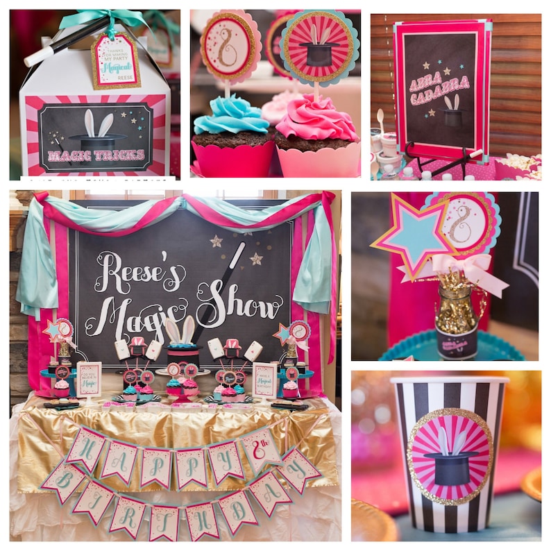 May include: A pink and teal magic show themed birthday party with cupcakes, a banner, and a sign that says "Reese's Magic Show".