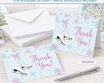 Ice Skating Thank You Notes, Printed Winter Birthday Cards With White Envelopes