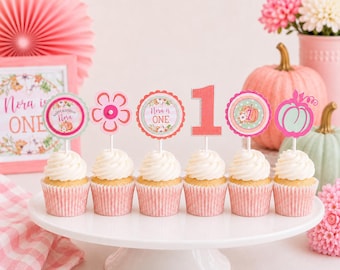 Little Pumpkin Cupcake Toppers, Personalized Pink First Birthday Party Decor