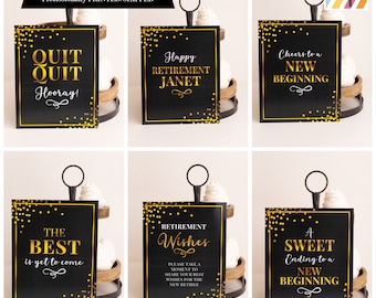 Custom Signs for Retirement Celebration, Personalized with Name, You Choose Size, Black and Gold