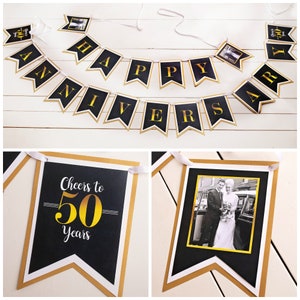 May include: Black and gold happy anniversary banner with a photo frame and a separate black and gold banner that says "Cheers to 50 Years".