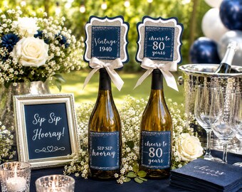 80th Birthday Wine Bottle Labels & Centerpiece Sticks | Cheers to 80 Years Wine Decor - Fully Assembled - ANY AGE!