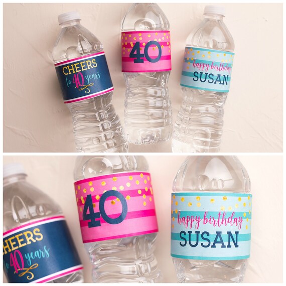 40th Birthday Party Water Bottle Labels, Waterproof Self Stick Labels, Cheers to 40 Years, Hot Pink, Navy Blue, Printed or Printable Il_570xn