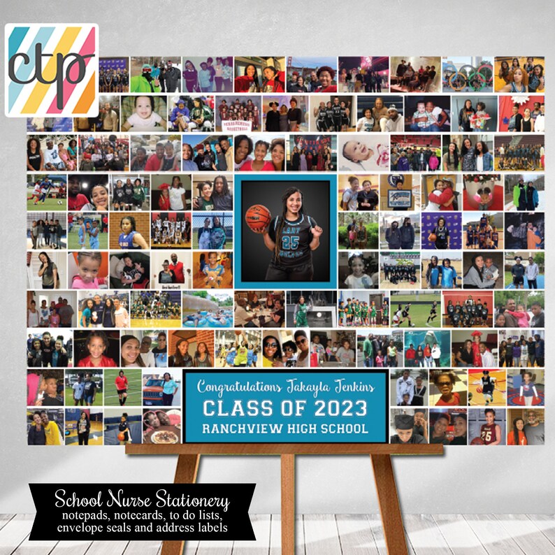 K&ouml;nnte beinhalten: Eine Collage aus Fotos, die eine Absolventin namens Jakayla Jenkins von der Ranchview High School feiert. Die Collage ist in einem blau-wei&szlig;en Farbschema gehalten mit dem Text "Congratulations Jakayla Jenkins Class of 2023 Ranchview High School".