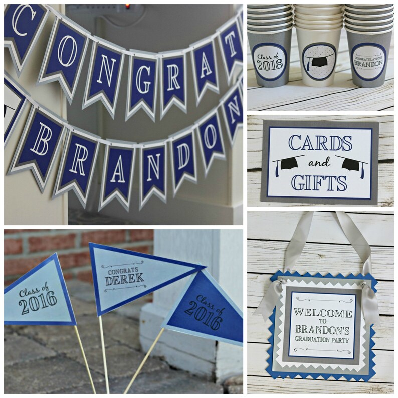 May include: A graduation party decoration set with blue and gray pennant banners, cups, and signs. The banners read "Congrats Brandon" and "Class of 2016". The signs read "Cards and Gifts", "Welcome to Brandon's Graduation Party", and "Congrats Derek".
