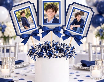 Navy Blue Bar Mitzvah Centerpiece, Personalized Photo Table Decor for Boys