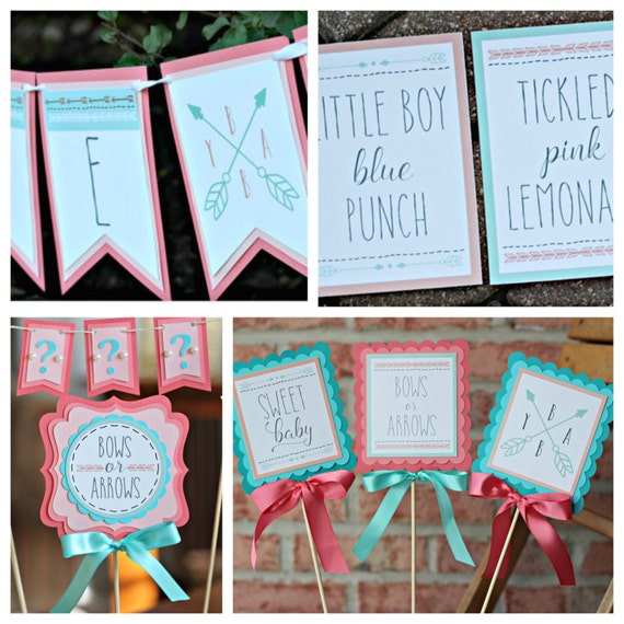 BOWS OR ARROWS Gender Reveal Party Decorations, Tribal, Aztec, Boho Chic, Coral and Aqua, Gender Reveal Decor, Tribal Package Il_570xn