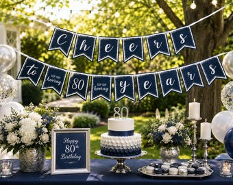 Cheers to 80 Years Birthday Banner, Navy and Silver Party Banner, Fully Assembled