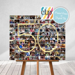 May include: A photo collage in the shape of the number 50, made up of many smaller photos of people. The collage is printed on a poster and is displayed on an easel.