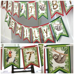 May include: A green, red, and brown jungle-themed banner with the words "Happy 7th Birthday Emily" and images of sloths and parrots.