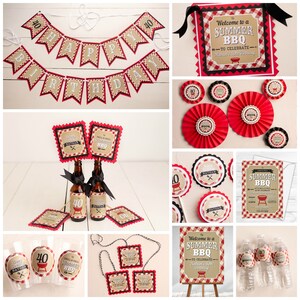 Peut inclure: Ensemble de d&eacute;corations de f&ecirc;te sur le th&egrave;me du barbecue d'&eacute;t&eacute;. Comprend une banni&egrave;re &laquo;&nbsp;Happy Birthday&nbsp;&raquo;, des cartons d'invitation, des &eacute;tiquettes de bouteilles et des &eacute;ventails en papier. La palette de couleurs est rouge, blanc et noir.