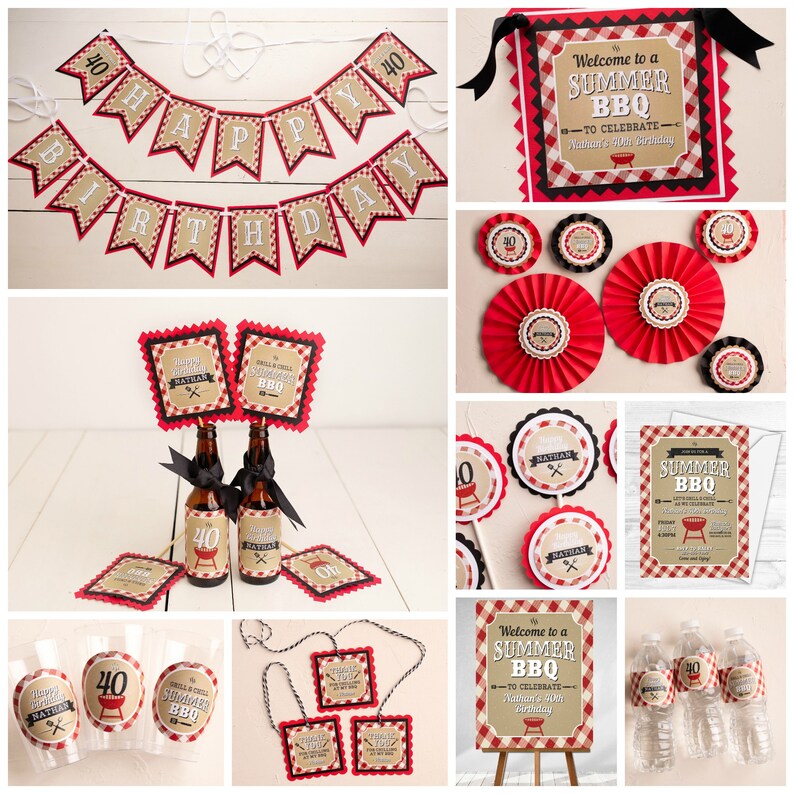 Peut inclure: Ensemble de d&eacute;corations de f&ecirc;te sur le th&egrave;me du barbecue d'&eacute;t&eacute;. Comprend une banni&egrave;re &laquo;&nbsp;Happy Birthday&nbsp;&raquo;, des cartons d'invitation, des &eacute;tiquettes de bouteilles et des &eacute;ventails en papier. La palette de couleurs est rouge, blanc et noir.