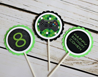VIDEO GAME BIRTHDAY Cupcake Toppers, Gamer Party, Game Truck Party, Fully Finished Video Game Decorations, Black and Green