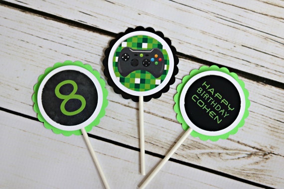 VIDEO GAME BIRTHDAY Cupcake Toppers, Gamer Party, Game Truck Party, Fully Finished Video Game Decorations, Black and Green Il_570xn