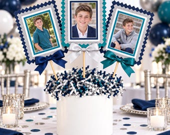 Personalized Bar Mitzvah Photo Centerpiece, Navy Teal Silver Jewish Party Decor