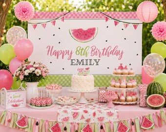 Watermelon Birthday Backdrop, Personalized Party Banner, Pink Green Summer Birthday Decorations for Girls
