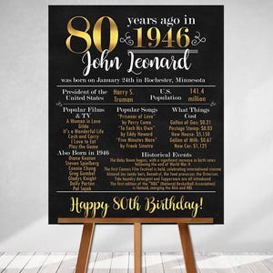 PRINTED 80th birthday poster, Back in 1946, What Happened in 1946, 80th Birthday Decorations, Black and Gold, 80th Party Decor, Vintage 1946