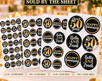 Personalized 50th Anniversary Stickers, Black Gold Wedding Favor Labels, Custom Party Seals