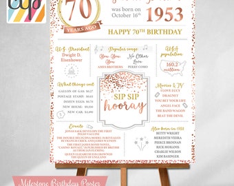 PRINTED 70th birthday poster, Back in 1953, What Happened in 1953, 70th Birthday Decorations, Rose Gold, 70th Party Decor, Vintage 1953