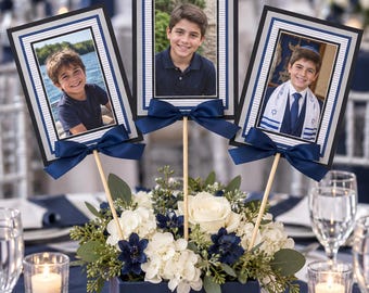 Boy Bar Mitzvah Photo Centerpiece, Personalized Navy Silver Table Decor
