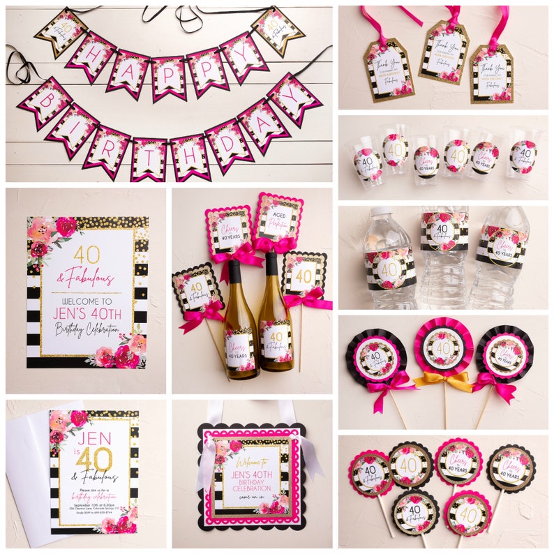 以下が含まれることがあります： 黒と白のストライプ、金色のグリッター、ピンクの花柄のデザインが施された40歳の誕生日パーティーのデコレーションセット。セットには、バナー、招待状、ウォーターボトルラベル、ワインボトルラベル、カップケーキトッパー、ギフトタグが含まれています。