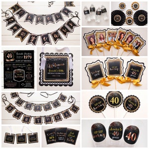 May include: A set of black and gold party decorations for a 40th birthday celebration. The decorations include banners, cupcake toppers, water bottle labels, and signs. The theme is vintage 1979.