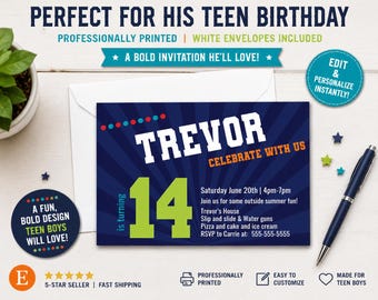 Personalized Teen Birthday Invitations | Boys Birthday Party | Custom 14th Birthday Invites | Professionally Printed