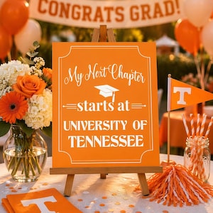 May include: An orange sign on a wooden easel reads "My Next Chapter starts at UNIVERSITY OF TENNESSEE" with a graduation cap graphic. The scene includes orange and white balloons, flowers, and a banner that says "CONGRATS GRAD!"