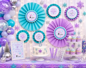 Ice Skating Party Backdrop, Paper Fan Decorations, Figure Skate Birthday Decor, Winter Rosettes